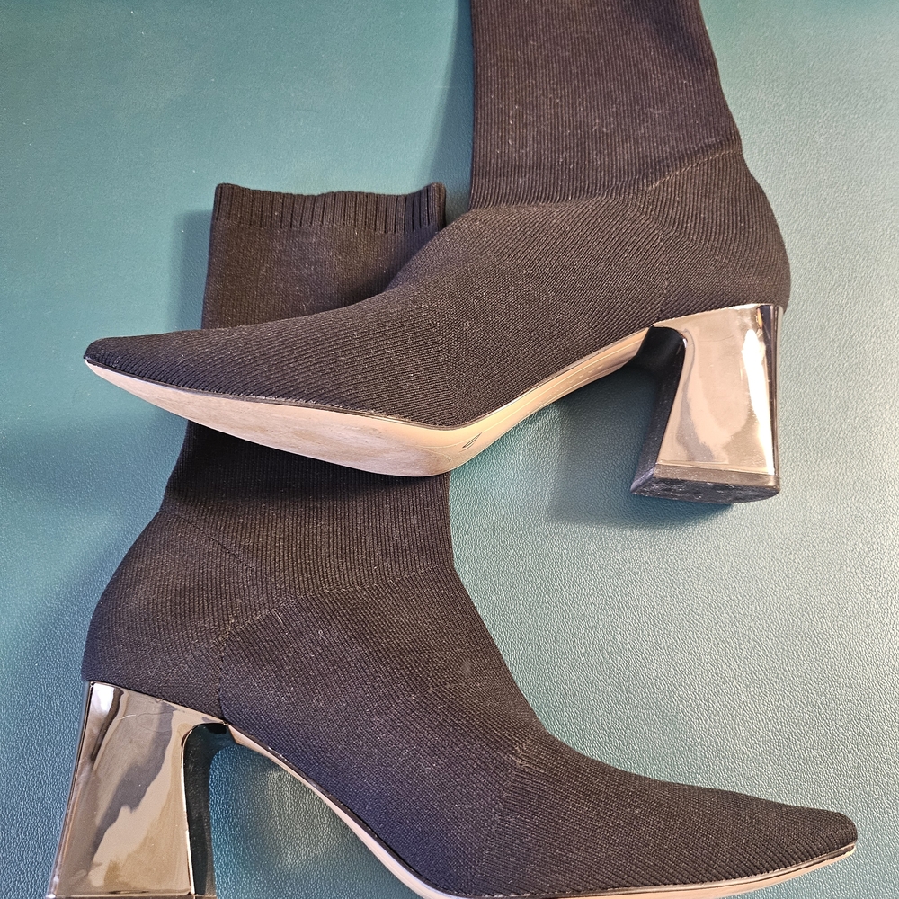 Black Knit Sock Heel Boots - Women's Modern Block Heel